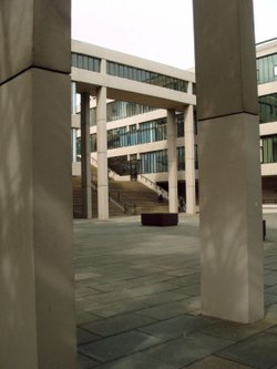 Underneath the walkways, Leeds University. It looks like a scene from Starwars.