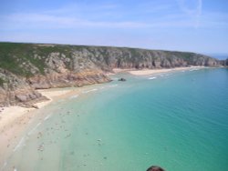 Porthcurno Beach, viewed from Minack Theatre. Near to Land's End. Wallpaper