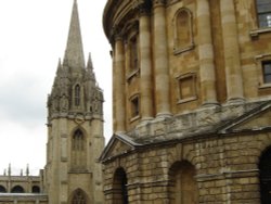 Bodleian Library foreground and the University Church of St. Mary the Virgin, Oxford