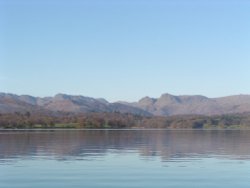 Lake Windermere on an autumn morning, looking towards Bowfell and the Langdale Pikes Wallpaper