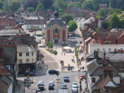 Henley on Thames, Oxfordshire. Town Hall and Market Place, view from tower of St Mary's church. Wallpaper