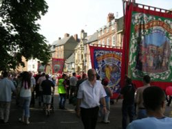 Durham Miners Gala in 2005.
The banners march out.