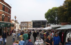 Lower Market Place, Ilkeston, Derbyshire on Market Day. Wallpaper