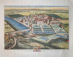 This is a coloured in image, of an engraving, done by KIP, c1700. Staunton Harold Hall estate. Wallpaper