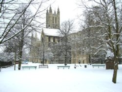 A view of Canterbury Cathedral from the east following snowfall during the winter of 2005 Wallpaper