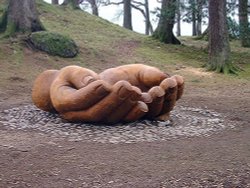 Hands carved out of tree near Brandelhow, on shore of Derwentwater, Lake District