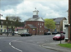 Potton town square. The library clock tower.