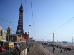 View of Blackpool Tower from the top of an open top tram, waiting at North Pier tram stop. Wallpaper