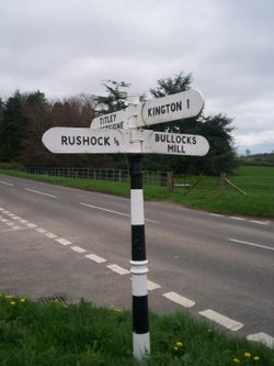 Renovated signpost at Rushock crossroads, North Herefordshire