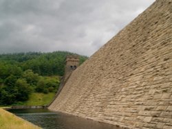 Wide angle picture of the Derwent Reservoir dam from near the bottom