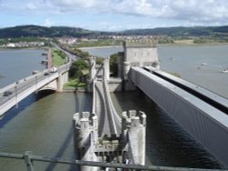 A picture of Conwy Suspension Bridge where road rail and foot meet.Conwy, North Wales.