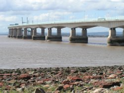 The New Severn Bridge and 'beach' at Severn Beach, Gloucestershire