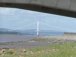 The Old Severn Bridge under the New Severn Bridge from Severn Beach, Gloucestershire