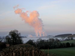 view of Ironbridge power staion under mist. Viewed from Much Wenlock. Wallpaper