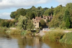 View of Upper Arley Village from the footbridge across the River Severn. Worcestershire