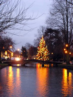 River Christmas tree in Bourton on the Water, Gloucestershire.