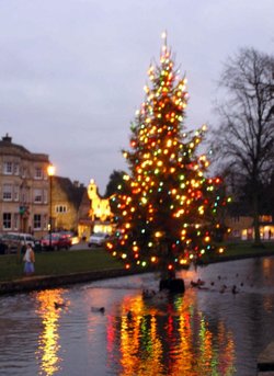 River Christmas tree in Bourton on the Water, Gloucestershire.