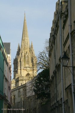 Oxford, St Mary The Virgin's spire towers over Oriel Lane.