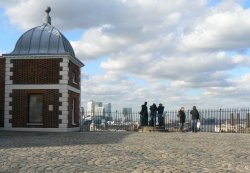 Looking towards Canary Wharf across the courtyard of The Old Royal Observatory, Greenwich