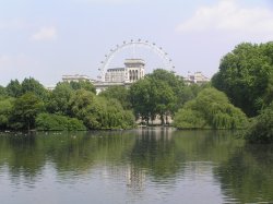 The London Eye and Horseguards, across the lake at St James Park, central London Wallpaper