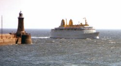 A Scandinavian ferry enters the Tyne, England