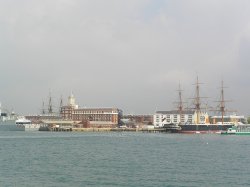 General view of Portsmouth historic dockyard from the water