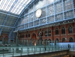 Station clock and statue, St Pancras, Greater London