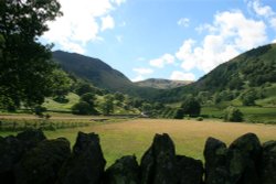 The fields and fells around Glencoyne Bay, Ullswater. English Lakes. Wallpaper