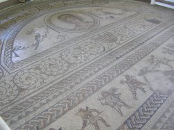 Venus and cherub gladiator mosaics at Bignor roman villa