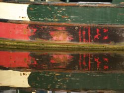 Reflection of narrowboat, Grand Union Canal, near Cheddington, Bucks Wallpaper