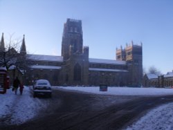 Durham Cathedral in snow.