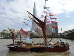 Barge at Tower Bridge, with Jubilee bunting Wallpaper