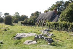 Sarsen stones and period cottages at the National Trust nature reserve at Lockeridge Dene Wallpaper