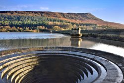 Ladybower's Western Bellmouth Drain (Plughole) with Bamford Edge Above Wallpaper
