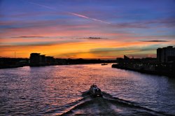 Wandsworth Bridge Sunset View with Boat Heading Upstream Wallpaper