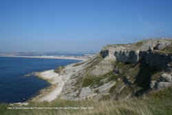 View of Chesil Beach and Portland Harbour from the Isle of Portland