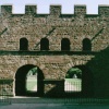 The reconstructed Roman gateway and walls at Castlefield, Manchester.