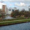 River Aire (left) and Leeds and Liverpool Canal winding their way into City Centre Leeds