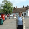 My wife Lynne in Sandy town center, outside the Postoffice.