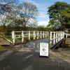 The Swing Bridge at Rodley crossing the canal. Follow the arrow for Rodley Teas