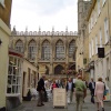 Walking street in Bath with Bath Abbey in background