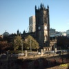 Manchester Cathedral seen from Salford side of the River Irwell