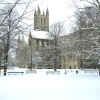 A view of Canterbury Cathedral from the east following snowfall during the winter of 2005
