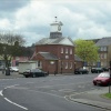 Potton town square. The library clock tower.