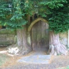 North Porch of St Edwards Church, flanked by yew trees. Stow on the Wold, Gloucestershire cotswolds