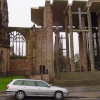 The exterior of the old cathedral, on the left, meets the new Coventry Cathedral, Winter 2002.