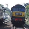 Diesel and steam pass on the Great Central Railway, Leicestershire.