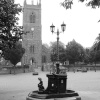 The fountain in the Market Place at Ilkeston in Derbyshire with St Mary's Parish Church.