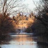 Evening view from Buckingham Palace along the lake in St James Park to Whitehall and Horseguards.