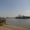 View to Canary Wharf from Wapping along the thames path in london's east end